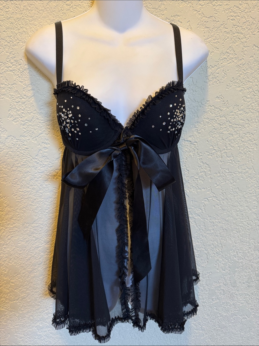 Victoria's Secret Sexy Litte Things Black Sheer Mesh Babydoll with Satin Bow 34D